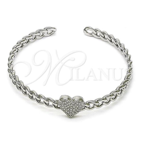 Rhodium Plated Individual Bangle, Heart and Miami Cuban Design, with White Micro Pave, Polished, Rhodium Finish, 07.60.0017.1