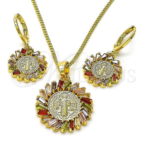 Oro Laminado Earring and Pendant Adult Set, Gold Filled Style San Benito and Baguette Design, with Multicolor Cubic Zirconia, Polished, Golden Finish, 10.316.0075.3