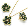 Oro Laminado Earring and Pendant Adult Set, Gold Filled Style Flower Design, with Green and White Crystal, Polished, Golden Finish, 10.64.0156.3