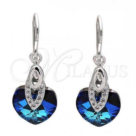 Rhodium Plated Long Earring, Heart Design, with Bermuda Blue Swarovski Crystals and White Micro Pave, Polished, Rhodium Finish, 02.239.0030