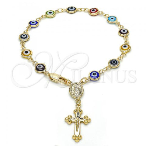Oro Laminado Bracelet Rosary, Gold Filled Style Guadalupe and Crucifix Design, Multicolor Resin Finish, Golden Finish, 09.63.0107.1.08