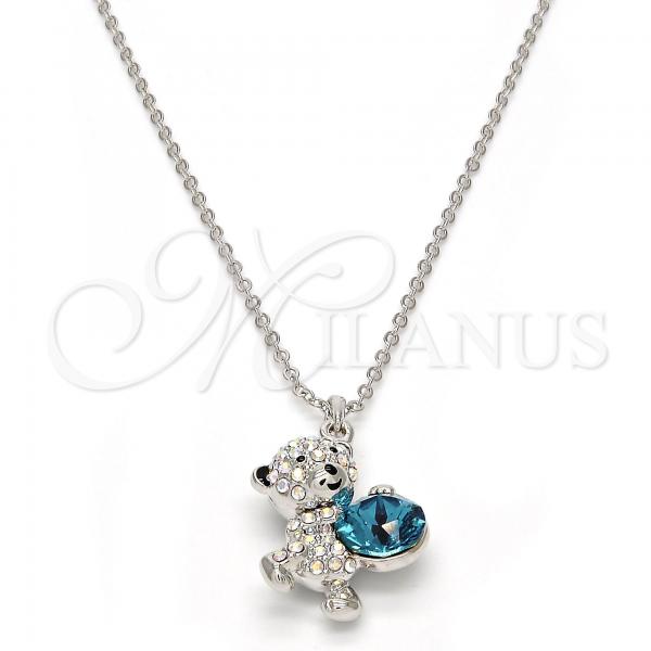 Rhodium Plated Pendant Necklace, Teddy Bear Design, with Blue Zircon and Aurore Boreale Swarovski Crystals, Black Enamel Finish, Rhodium Finish, 04.239.0041.1.16