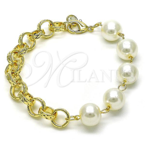 Oro Laminado Fancy Bracelet, Gold Filled Style Rolo and Ball Design, with Ivory Pearl, Diamond Cutting Finish, Golden Finish, 03.331.0274.08