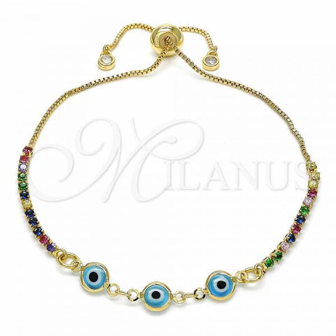 Oro Laminado Adjustable Bolo Bracelet, Gold Filled Style Evil Eye Design, with Multicolor and White Cubic Zirconia, Light Blue Resin Finish, Golden Finish, 03.63.2084.2.11