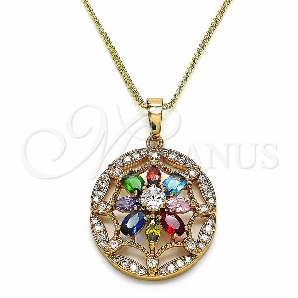 Oro Laminado Pendant Necklace, Gold Filled Style Flower Design, with Multicolor Cubic Zirconia, Polished, Golden Finish, 04.284.0019.20