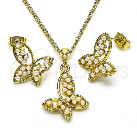Oro Laminado Earring and Pendant Adult Set, Gold Filled Style Butterfly Design, with Ivory Pearl, Polished, Golden Finish, 10.379.0042