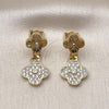 Oro Laminado Stud Earring, Gold Filled Style Four-leaf Clover Design, with White Cubic Zirconia, Diamond Cutting Finish, Golden Finish, 02.283.0250