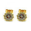 Oro Laminado Stud Earring, Gold Filled Style Flower Design, with Multicolor Micro Pave, Polished, Golden Finish, 02.210.0668.1