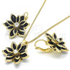 Oro Laminado Earring and Pendant Adult Set, Gold Filled Style Flower Design, with Black and White Crystal, Polished, Golden Finish, 10.64.0157.4
