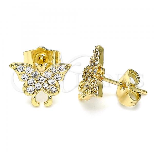 Oro Laminado Stud Earring, Gold Filled Style Butterfly Design, with White Micro Pave, Polished, Golden Finish, 02.210.0354