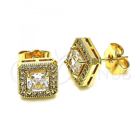Oro Laminado Stud Earring, Gold Filled Style with White Cubic Zirconia and White Micro Pave, Polished, Golden Finish, 02.283.0046