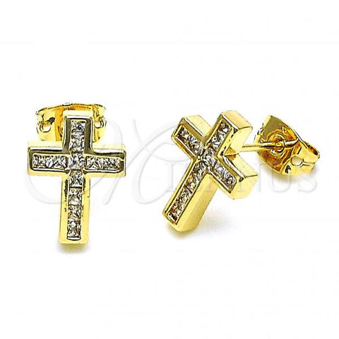 Oro Laminado Stud Earring, Gold Filled Style Cross Design, with White Cubic Zirconia, Polished, Golden Finish, 02.342.0227