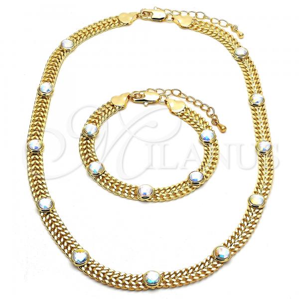 Oro Laminado Necklace and Bracelet, Gold Filled Style with Aurore Boreale Crystal, Polished, Golden Finish, 06.185.0019