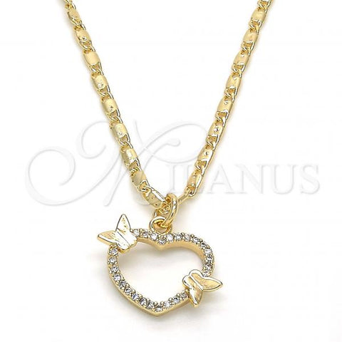 Oro Laminado Pendant Necklace, Gold Filled Style Heart and Butterfly Design, with White Micro Pave, Polished, Golden Finish, 04.195.0018.20