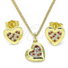 Oro Laminado Earring and Pendant Adult Set, Gold Filled Style Heart Design, with Garnet and White Micro Pave, Polished, Golden Finish, 10.199.0155.1