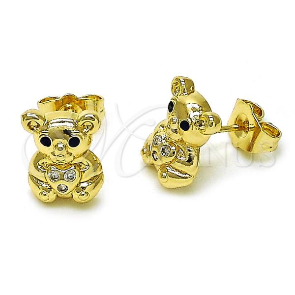 Oro Laminado Stud Earring, Gold Filled Style Teddy Bear and Heart Design, with White and Black Cubic Zirconia, Polished, Golden Finish, 02.411.0009