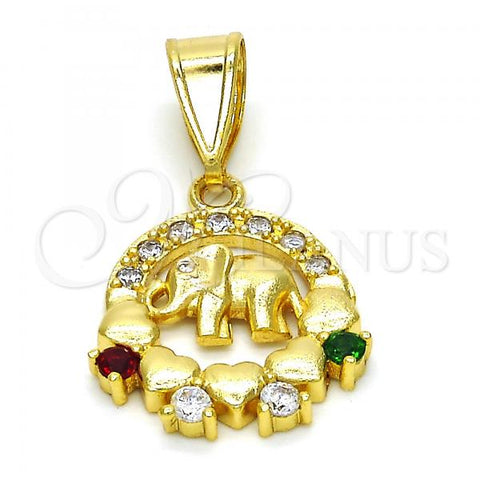 Oro Laminado Fancy Pendant, Gold Filled Style Elephant and Heart Design, with Multicolor Cubic Zirconia, Polished, Golden Finish, 05.253.0012