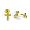 Oro Laminado Stud Earring, Gold Filled Style Cross Design, with White Micro Pave, Polished, Golden Finish, 02.213.0748