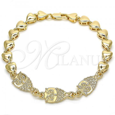 Oro Laminado Fancy Bracelet, Gold Filled Style Owl and Heart Design, Polished, Golden Finish, 03.63.1891.08