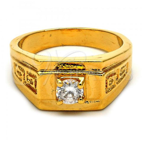 Oro Laminado Mens Ring, Gold Filled Style Solitaire and Greek Key Design, with White Cubic Zirconia, Diamond Cutting Finish, Golden Finish, 5.175.026.07 (Size 7)