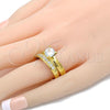 Stainless Steel Wedding Ring, Duo Design, with White Cubic Zirconia and White Crystal, Polished, Golden Finish, 01.223.0013.09 (Size 9)