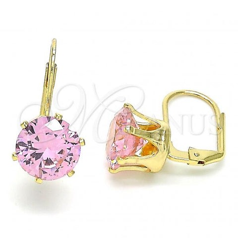 Oro Laminado Leverback Earring, Gold Filled Style with Pink Cubic Zirconia, Polished, Golden Finish, 5.128.069