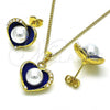Oro Laminado Earring and Pendant Adult Set, Gold Filled Style Heart Design, with Ivory Pearl, Blue Enamel Finish, Golden Finish, 10.379.0048.4