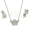 Sterling Silver Earring and Pendant Adult Set, Flower Design, with White Micro Pave and White Cubic Zirconia, Polished, Rhodium Finish, 10.186.0013