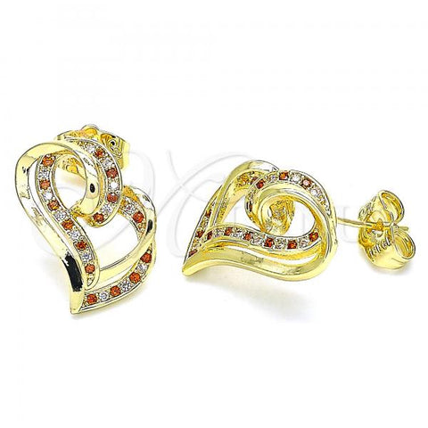 Oro Laminado Stud Earring, Gold Filled Style Heart Design, with Garnet and White Micro Pave, Polished, Golden Finish, 02.195.0128.1