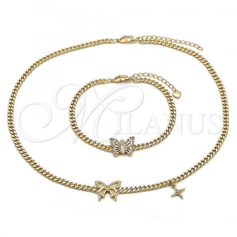 Oro Laminado Necklace and Bracelet, Gold Filled Style Butterfly and Guadalupe Design, with White Micro Pave, Polished, Golden Finish, 06.213.0021