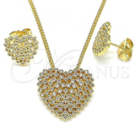 Oro Laminado Earring and Pendant Adult Set, Gold Filled Style Heart Design, with White Micro Pave, Polished, Golden Finish, 10.156.0314