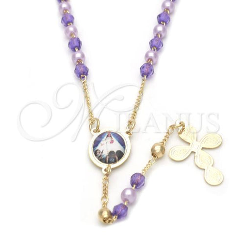 Oro Laminado Thin Rosary, Gold Filled Style Caridad del Cobre and Cross Design, Purple Resin Finish, Golden Finish, 09.02.0016.18