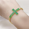 Oro Laminado Fancy Bracelet, Gold Filled Style Cross and Baguette Design, with Green Cubic Zirconia, Polished, Golden Finish, 03.424.0006.2.08