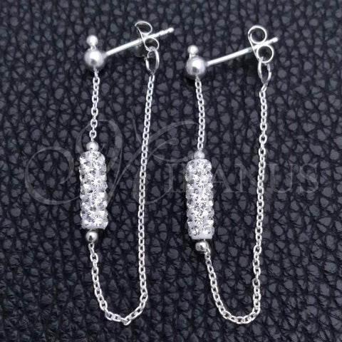 Sterling Silver Long Earring, Ball Design, with White Crystal, Polished, Silver Finish, 02.399.0045