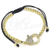 Oro Laminado Adjustable Bolo Bracelet, Gold Filled Style Heart and Ball Design, with White Micro Pave, Polished, Golden Finish, 03.341.0088.11