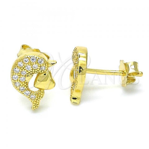 Sterling Silver Stud Earring, Dolphin and Heart Design, with White Micro Pave, Polished, Golden Finish, 02.174.0076
