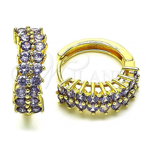 Oro Laminado Huggie Hoop, Gold Filled Style with Amethyst Cubic Zirconia, Polished, Golden Finish, 02.316.0024.6.15