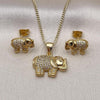 Oro Laminado Earring and Pendant Adult Set, Gold Filled Style Elephant Design, with White Micro Pave, Polished, Golden Finish, 10.342.0124