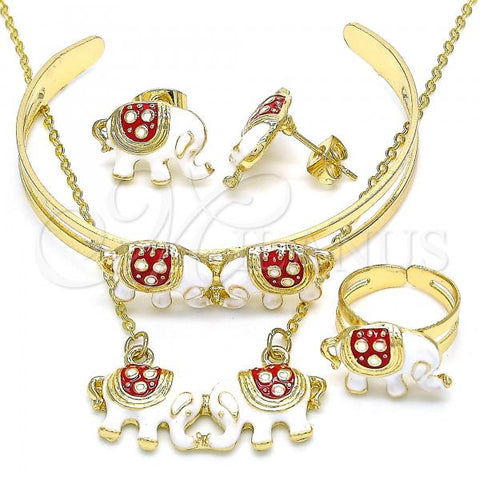 Oro Laminado Necklace, Bracelet, Earring and Ring, Gold Filled Style Elephant Design, Red Enamel Finish, Golden Finish, 06.361.0028