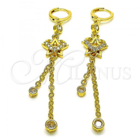 Oro Laminado Long Earring, Gold Filled Style Star and Heart Design, with White Cubic Zirconia, Polished, Golden Finish, 02.316.0092
