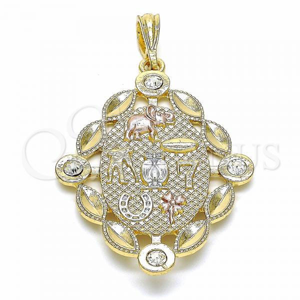 Oro Laminado Religious Pendant, Gold Filled Style Elephant and Owl Design, with White Crystal, Polished, Tricolor, 05.351.0030