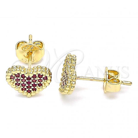 Oro Laminado Stud Earring, Gold Filled Style Heart Design, with Ruby Micro Pave, Polished, Golden Finish, 02.156.0446.1