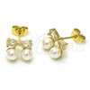 Oro Laminado Stud Earring, Gold Filled Style Cherry Design, with White Cubic Zirconia and Ivory Pearl, Polished, Golden Finish, 02.411.0020