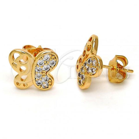 Oro Laminado Stud Earring, Gold Filled Style Butterfly Design, with White Micro Pave, Polished, Golden Finish, 02.260.0014