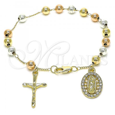 Oro Laminado Charm Bracelet, Gold Filled Style Guadalupe and Crucifix Design, with White Crystal, Polished, Tricolor, 03.380.0118.08