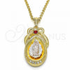 Oro Laminado Religious Pendant, Gold Filled Style Guadalupe and Teardrop Design, with Garnet and White Crystal, Polished, Tricolor, 05.351.0046