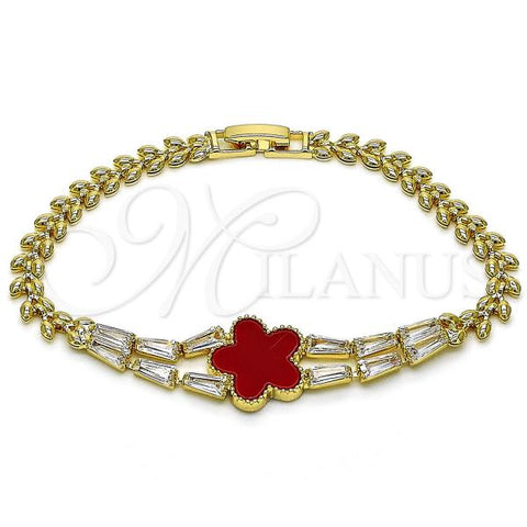 Oro Laminado Fancy Bracelet, Gold Filled Style Flower and Baguette Design, with Garnet Mother of Pearl and White Cubic Zirconia, Polished, Golden Finish, 03.283.0437.1.07