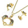 Oro Laminado Earring and Pendant Adult Set, Gold Filled Style Dolphin Design, with Multicolor Micro Pave and White Cubic Zirconia, Polished, Golden Finish, 10.210.0121.3