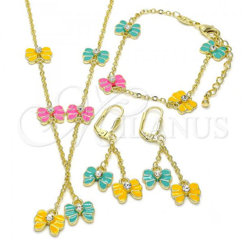 Oro Laminado Earring and Pendant Children Set, Gold Filled Style Butterfly Design, with White Crystal, Multicolor Enamel Finish, Golden Finish, 06.60.0004.4