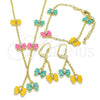 Oro Laminado Earring and Pendant Children Set, Gold Filled Style Butterfly Design, with White Crystal, Multicolor Enamel Finish, Golden Finish, 06.60.0004.4